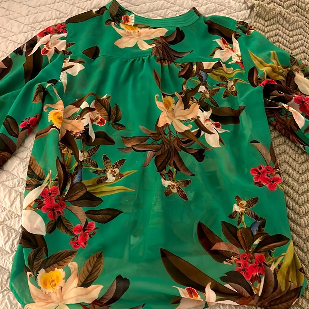 Chico's Green Floral Top with Red and Brown Accents - Picture 3 of 5
